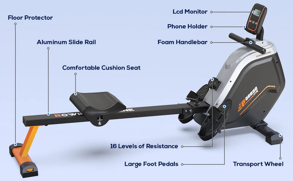 Pooboo Build-in Bluetooth Magnetic Rowing Machines Rower Foldable 16 Level Resistance Indoor Rower Machines Home Exercise 350lb