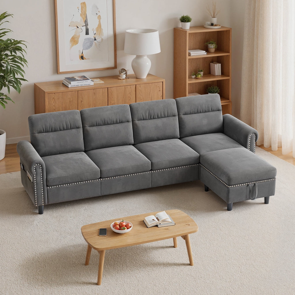 106" Modular Sectional Sofa Bed with Storage Ottoman, Lofka Modern Comfy Couches and Sofas with Side Pockets for Small Spaces, Living Room Furniture in Dark Gray