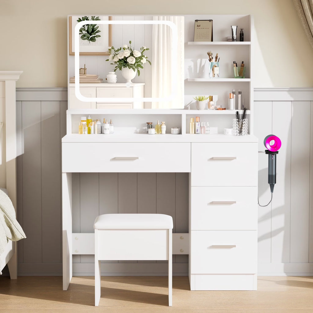 LIVELYGLOW Vanity Desk with Mirror and Lights, Makeup Vanity with Drawer & Storage Shelves, Cabinet, 3 Lighting Modes Adjustable Brightness,White