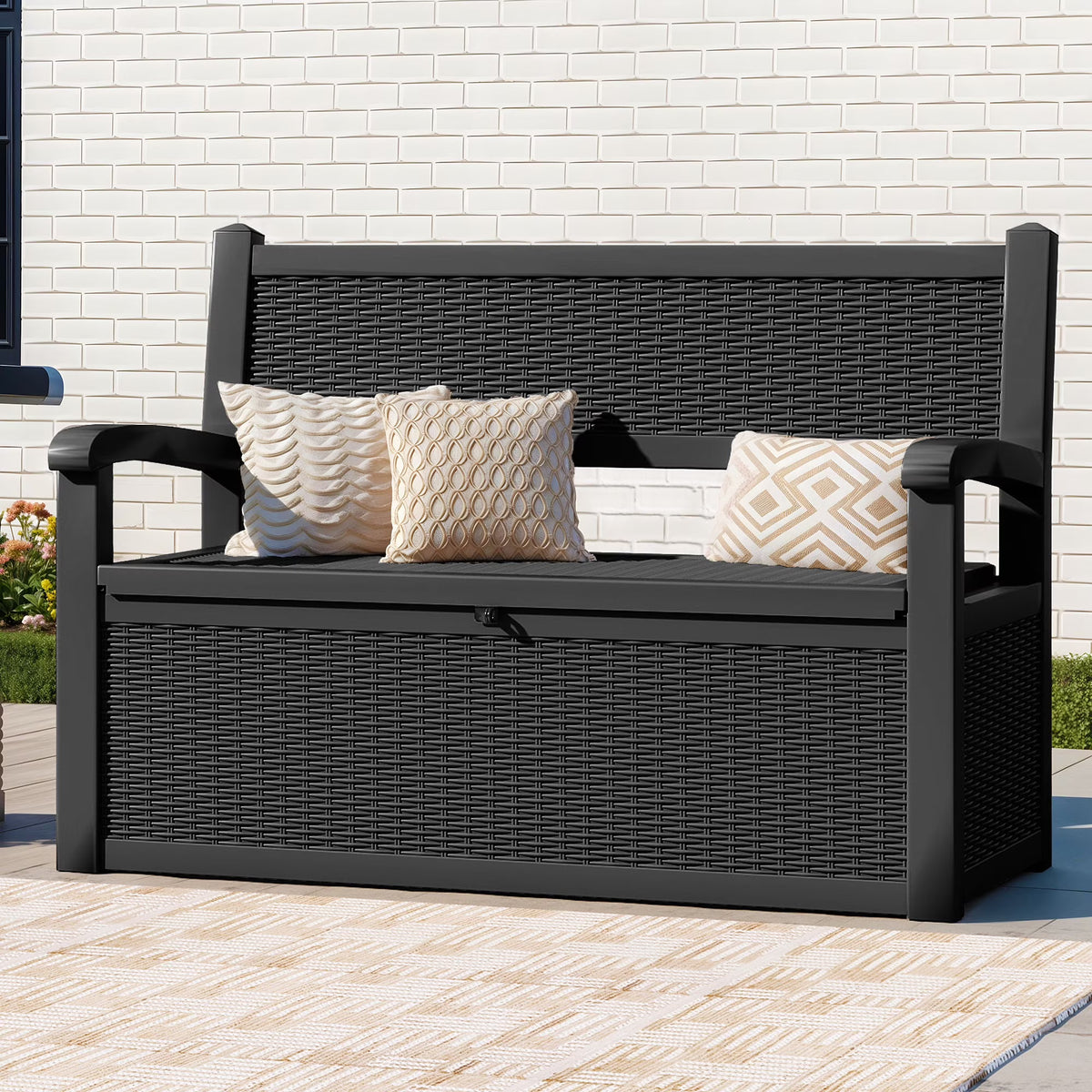 ModFusion 70-Gallon Outdoor Resin Storage Cabinet with Rattan Backrest Waterproof Patio Bench Seat, 500 lbs Capacity, Black