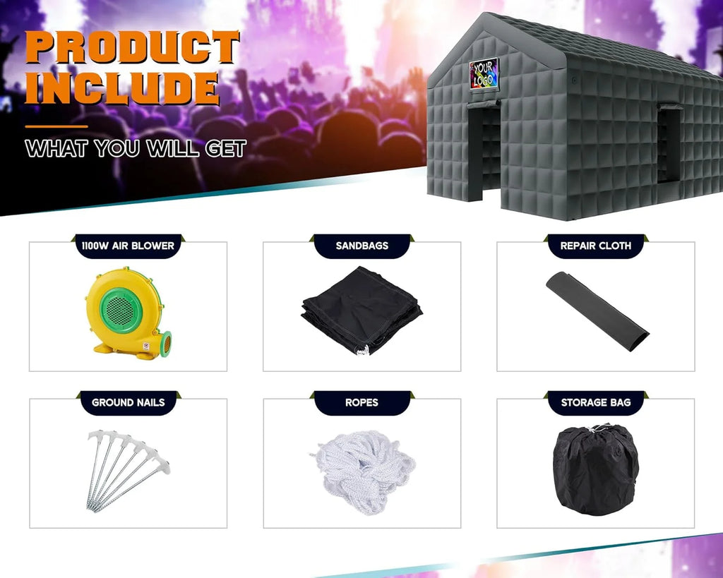 Jocisland 20x16x14 ft Large Black Inflatable Night Club Tent for Adults with 2 Side Doors, Inflatable Nightclub with Logo Area Gazebo Event House