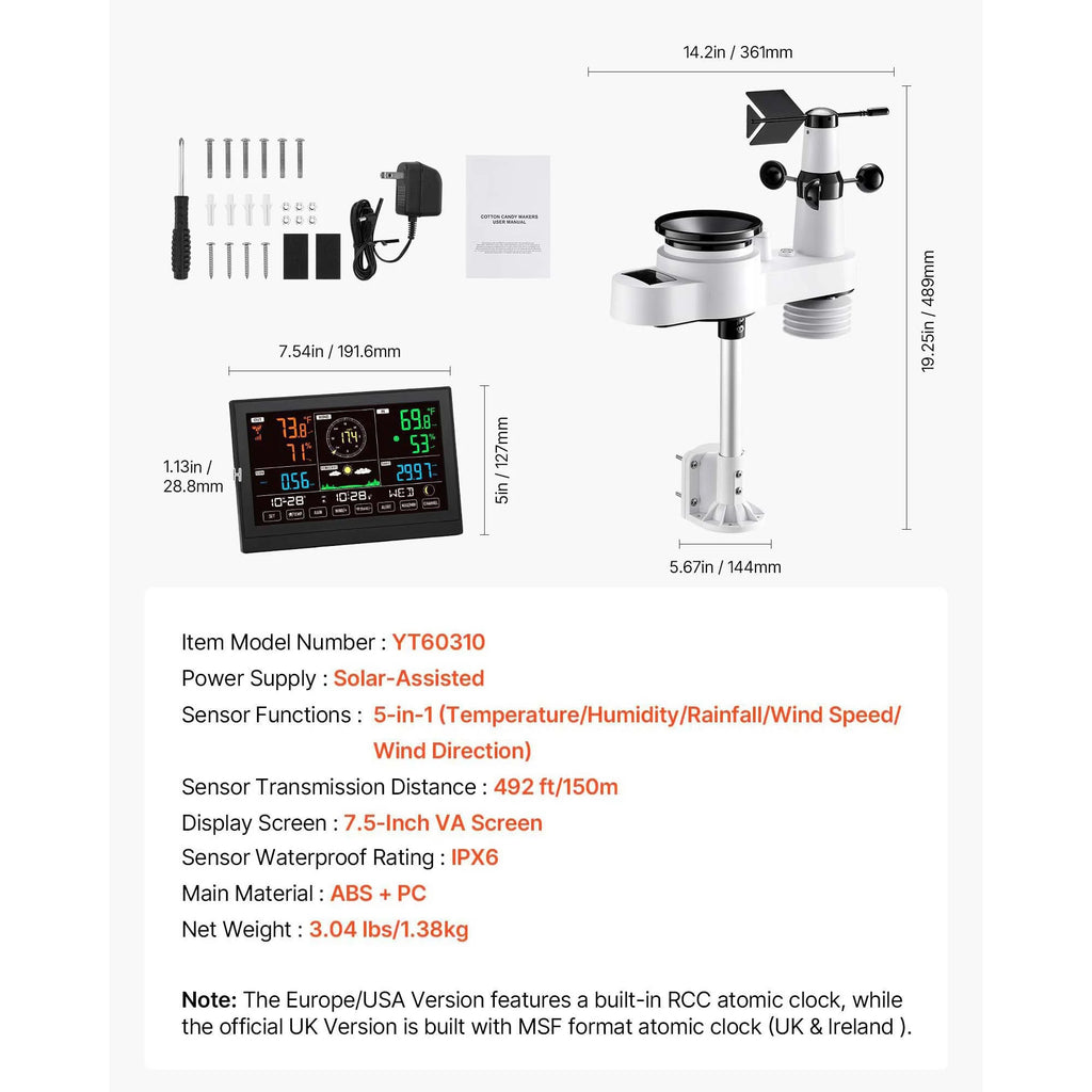KFFKFF 5-in-1 Wireless Weather Station with 7.5-Inch VA Display, Solar-Powered Outdoor Sensor, Rain Gauge, and Indoor/Outdoor Monitoring for Weather Forecast, Temperature,Humidity,Wind Speed(No WiFi)