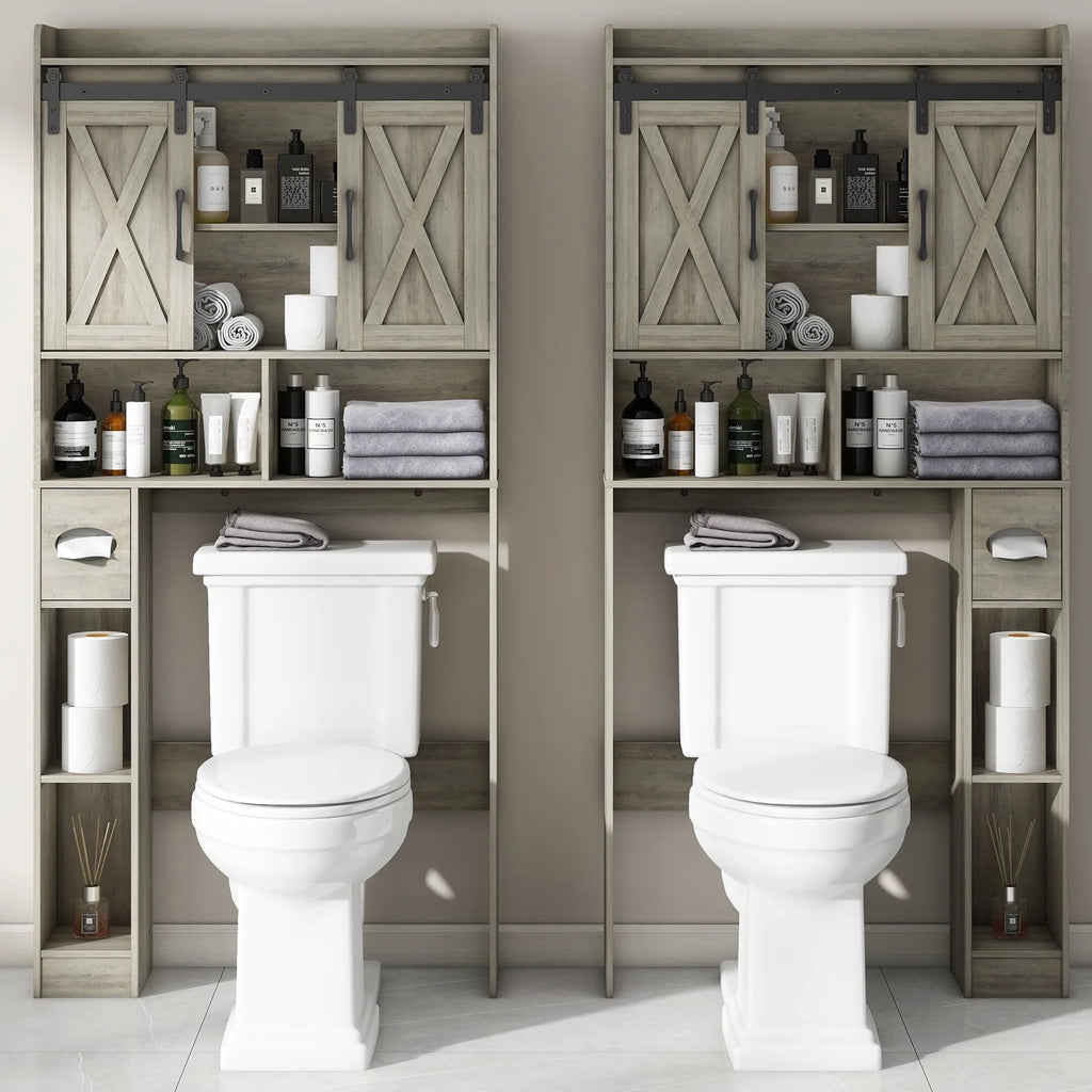 Over The Toilet Storage Cabinet, Farmhouse Storage Cabinet Over Toilet with Sliding Doors Home Space-Saving Toilet Rack, for Bathroom, Restroom, Laundry
