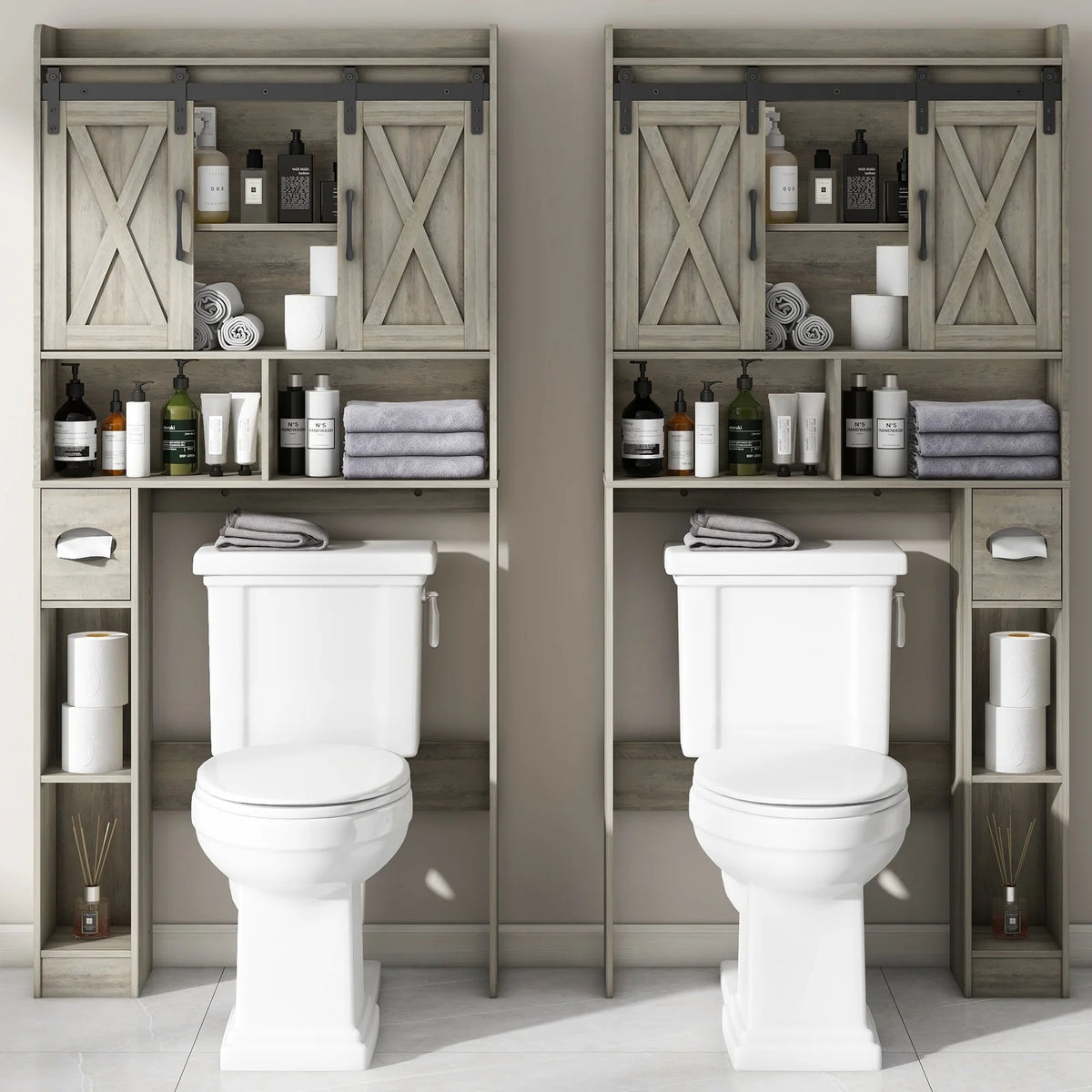 Over The Toilet Storage Cabinet, Farmhouse Storage Cabinet Over Toilet with Sliding Doors Home Space-Saving Toilet Rack, for Bathroom, Restroom, Laundry