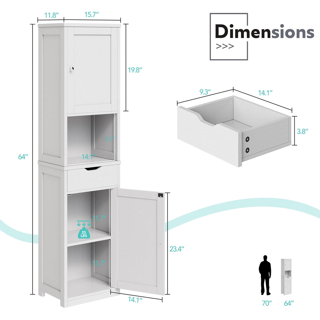 Walsunny Bathroom Storage Cabinet 64" Tall Wooden Kitchen Cupboard Pantry Cabinet with Doors Shelves Drawer Black