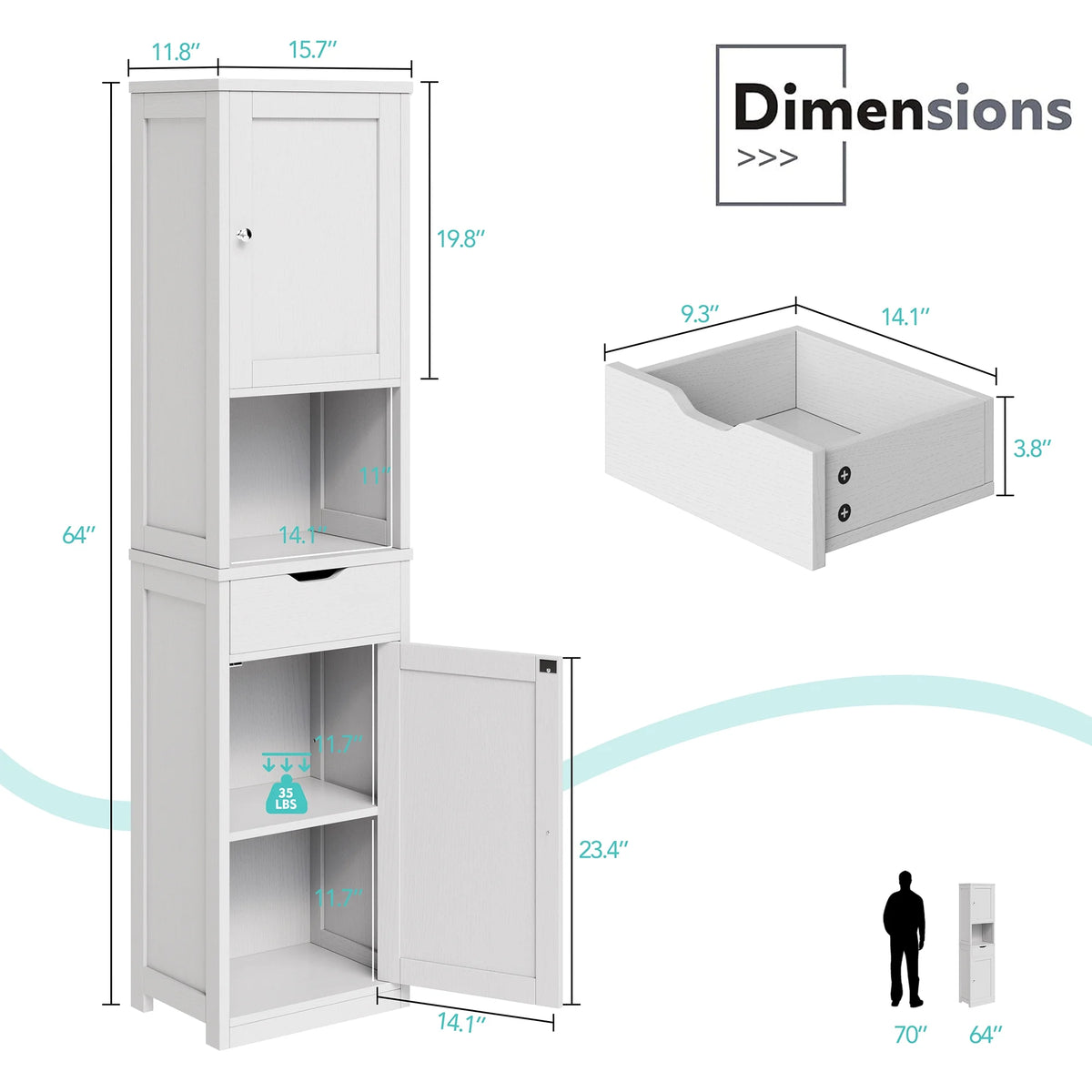 Walsunny Bathroom Storage Cabinet 64" Tall Wooden Kitchen Cupboard Pantry Cabinet with Doors Shelves Drawer Black