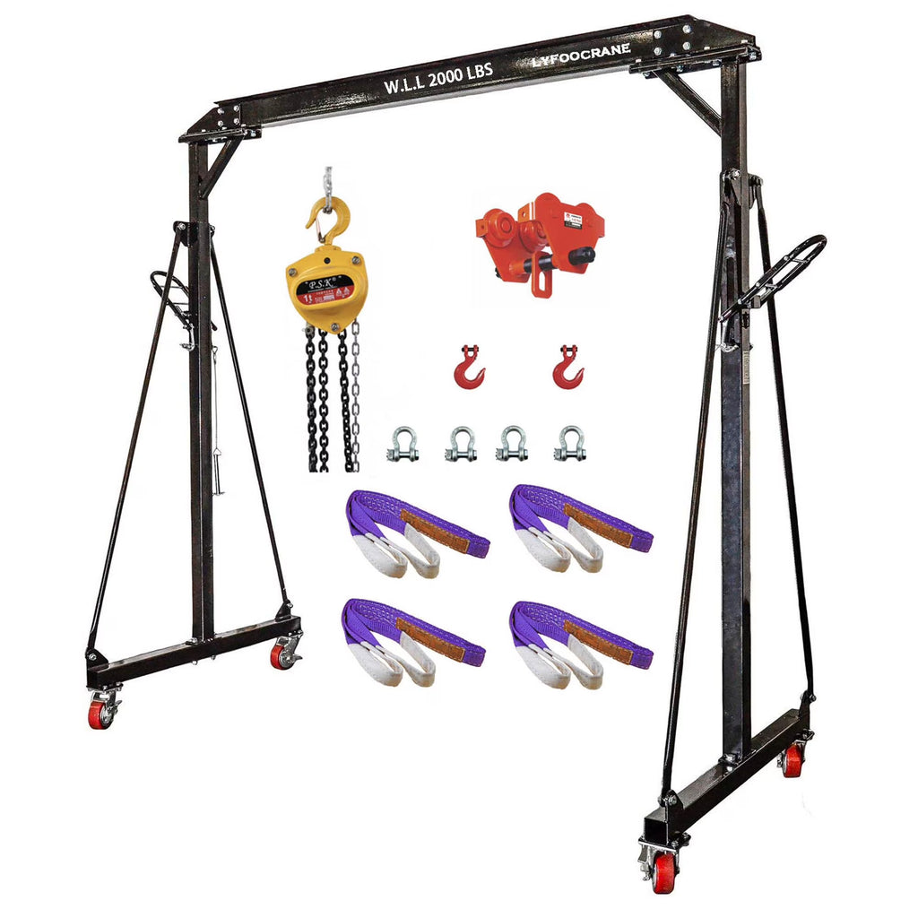 Adjustable Gantry Crane 2000 Lbs Portable Small Crane 1T Shop Crane Kit with Hoist, Trolley, Sling, Shackle and Hook