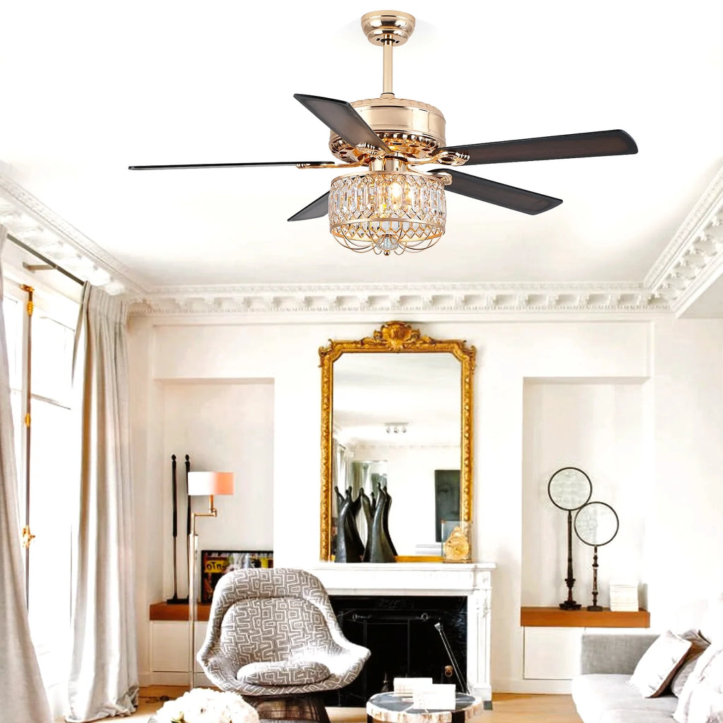 Kviflon 52" Farmhouse Ceiling Fan with Lights & Remote, Crystal Chandelier, Wood Blades, Quiet Motor, 6-Speed, Timer, Modern Lighting for Living Room, Bedroom, Dining Room, Chrome Finish