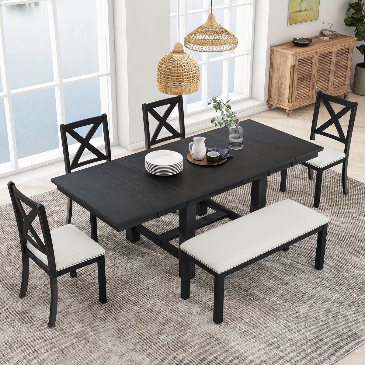 MODERNLUXE 82"Farmhouse 6PCS Dining Table Sets for 6,Solid Wood Dining Table Set with Extendable Table with Footrest and Two 11"Removable Leaf,4 Upholstered Chairs and Longer Upholstered Bench