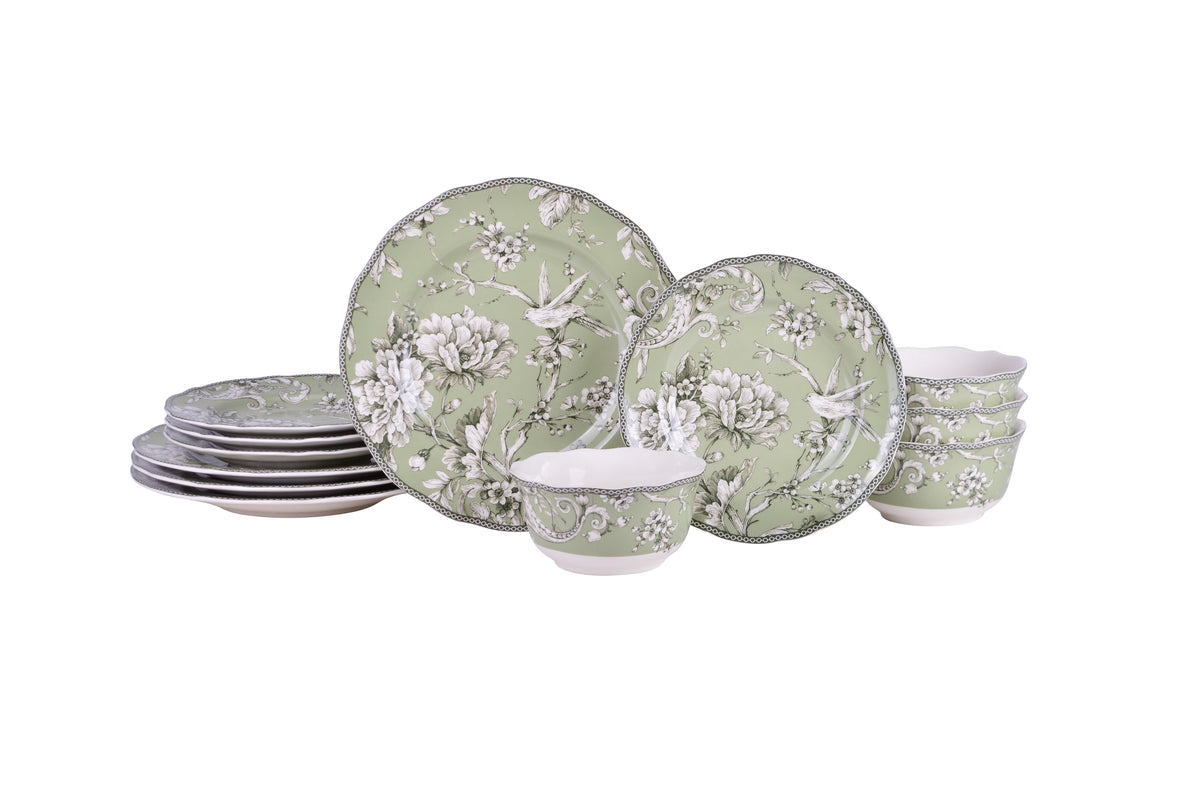 222 Fifth Adelaide Brown on White Porcelain 12 Piece Dinnerware Set, Plates & Bowls, Service for 4