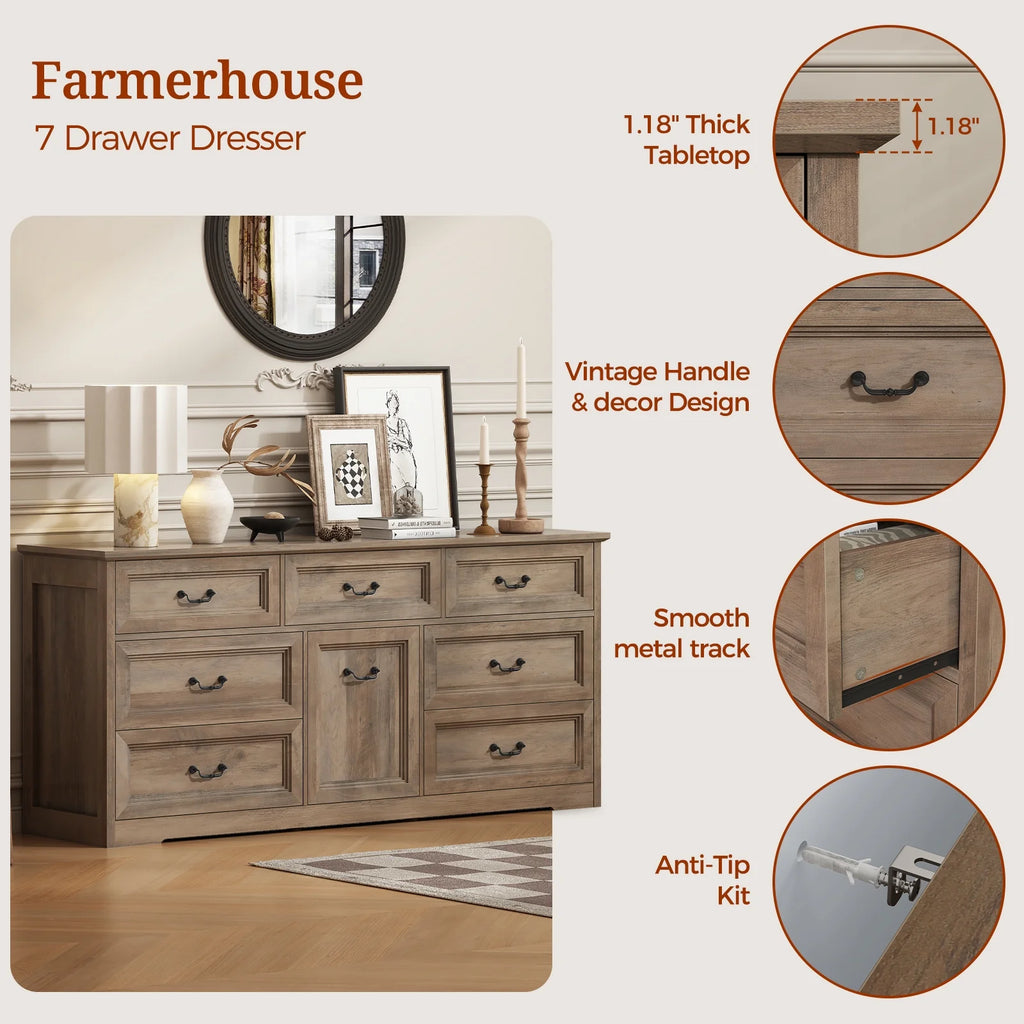 63" Wide Farmhouse 7-Drawer Dresser with 2 Laundry Hamper for Bedroom,Chest of Drawers, Gray Finish, Vintage Black Handles, Living Room Storage Cabinet,Gray
