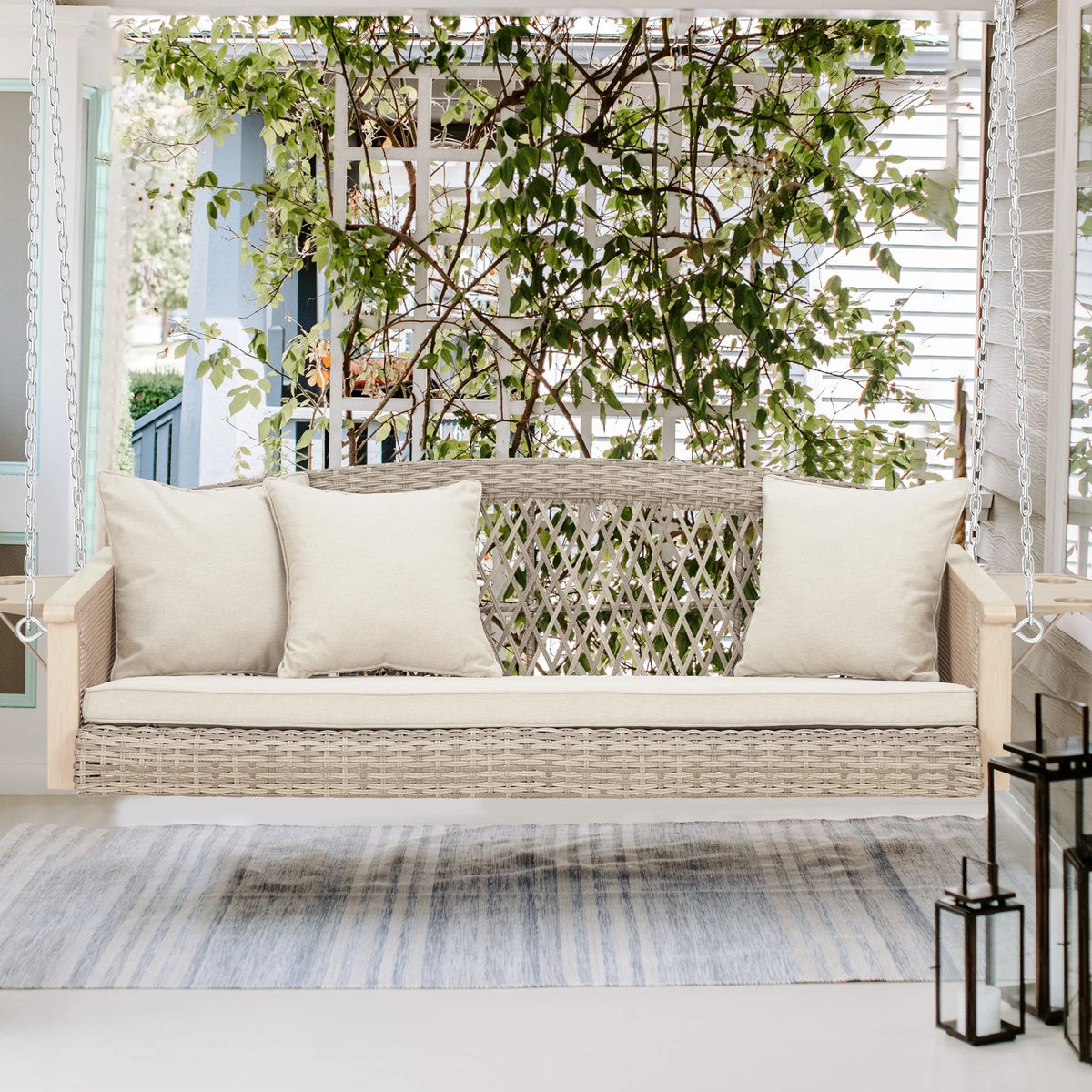 Homrest 3-Person Porch Swing 55in Wicker Hanging Swing Bench with Cushions and Cupholders for Deck, Garden and Backyard, Beige