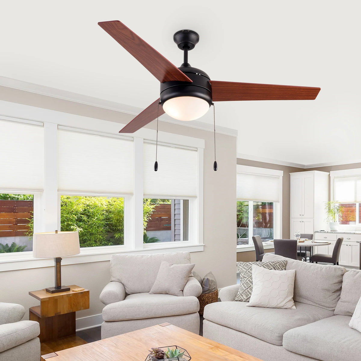 Simpol 52" Prominent Indoor Ceiling Fan with LED Light, Pull Chain and Remote Control, Reversible AC Motor, Walnut/Silver Reversible Blades and Satin Nickel Finish