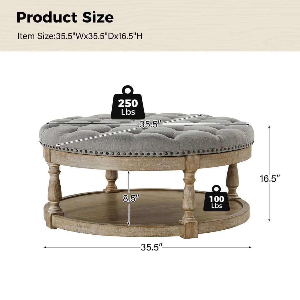 36'' Wide Blue Round Large Ottoman Tufted Coffee Table with Storage Wood Legs Home Living Room