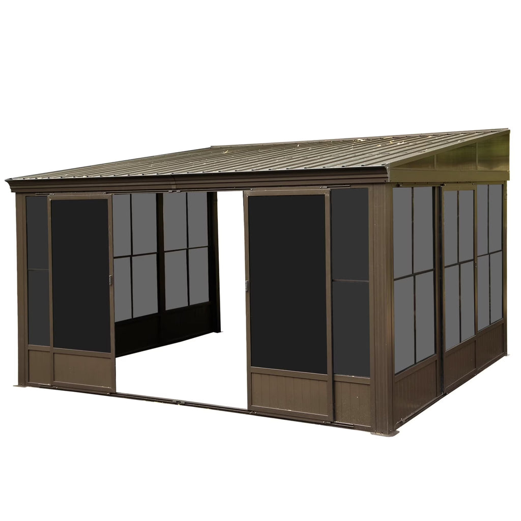 TOTAL Outdoor 10'x12' All-Season Sunroom Gazebo with Steel Roof, PVC Screen, Front & Side Door, Brown