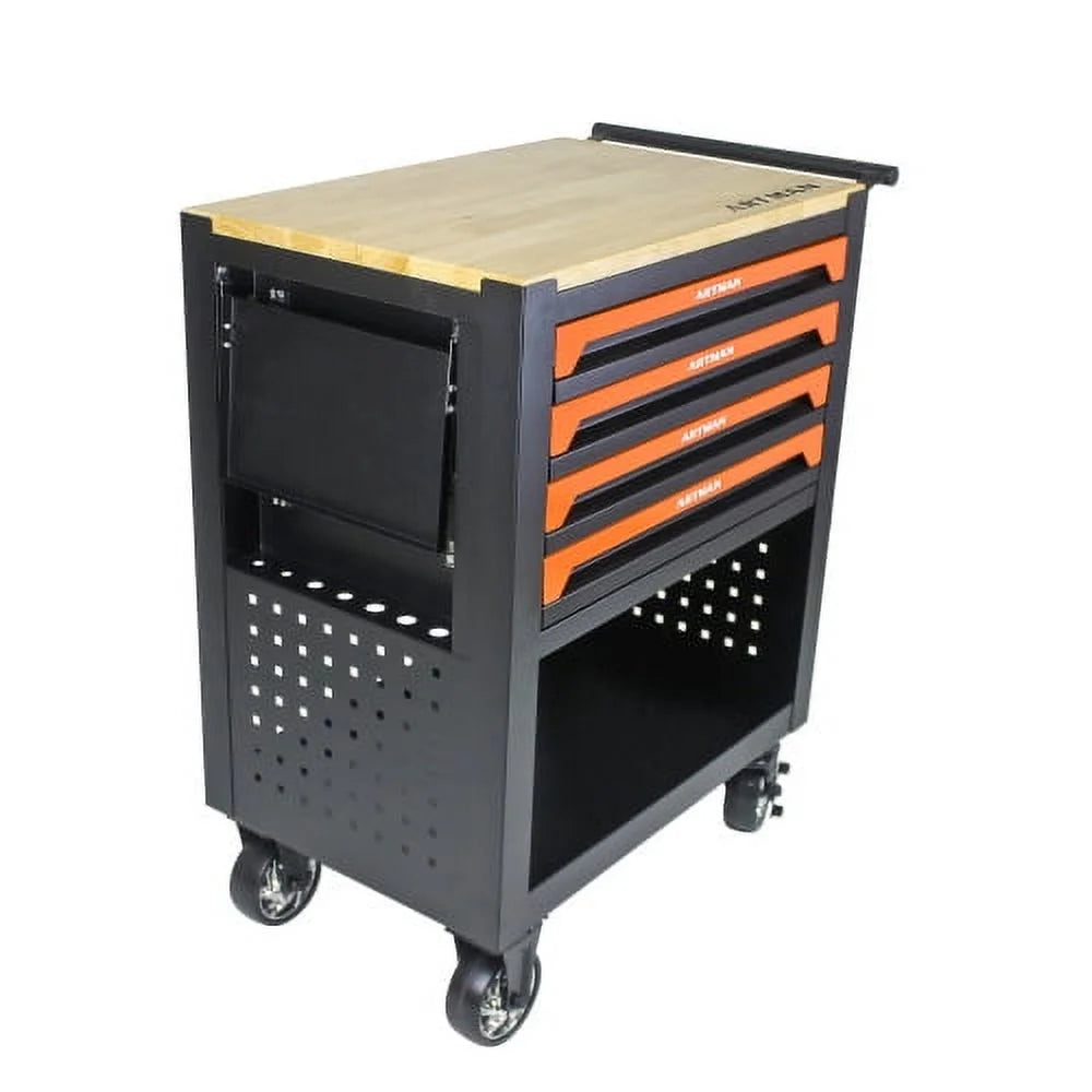 ARTMAN 4-Drawer Tool Cart with Wheels and Drawers ,Wood Top Tool Box Cart for Workshop Warehouse Garage