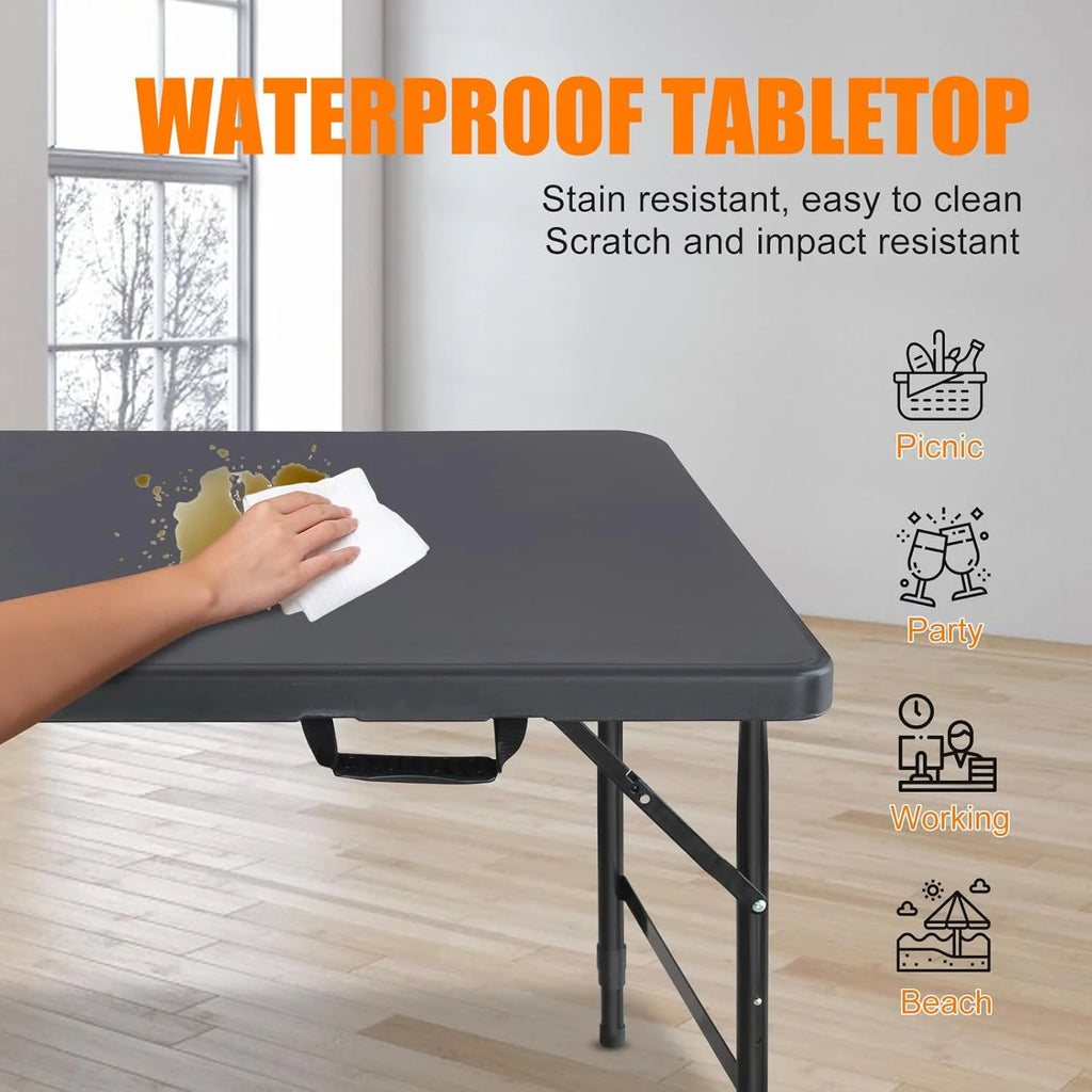 Folding Table with Carry Handle, Portable Fold-in-Half Plastic Table, Rectangle Foldable Table for Indoor