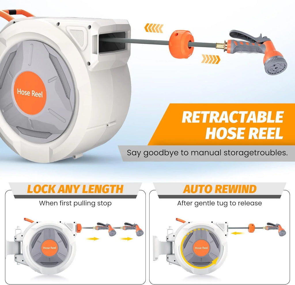 Auto-Retract Wall-Mounted Garden Hose Reel w/9-Pattern Nozzle, 180 Swivel & Any-Length Lock, 600PSI Durable