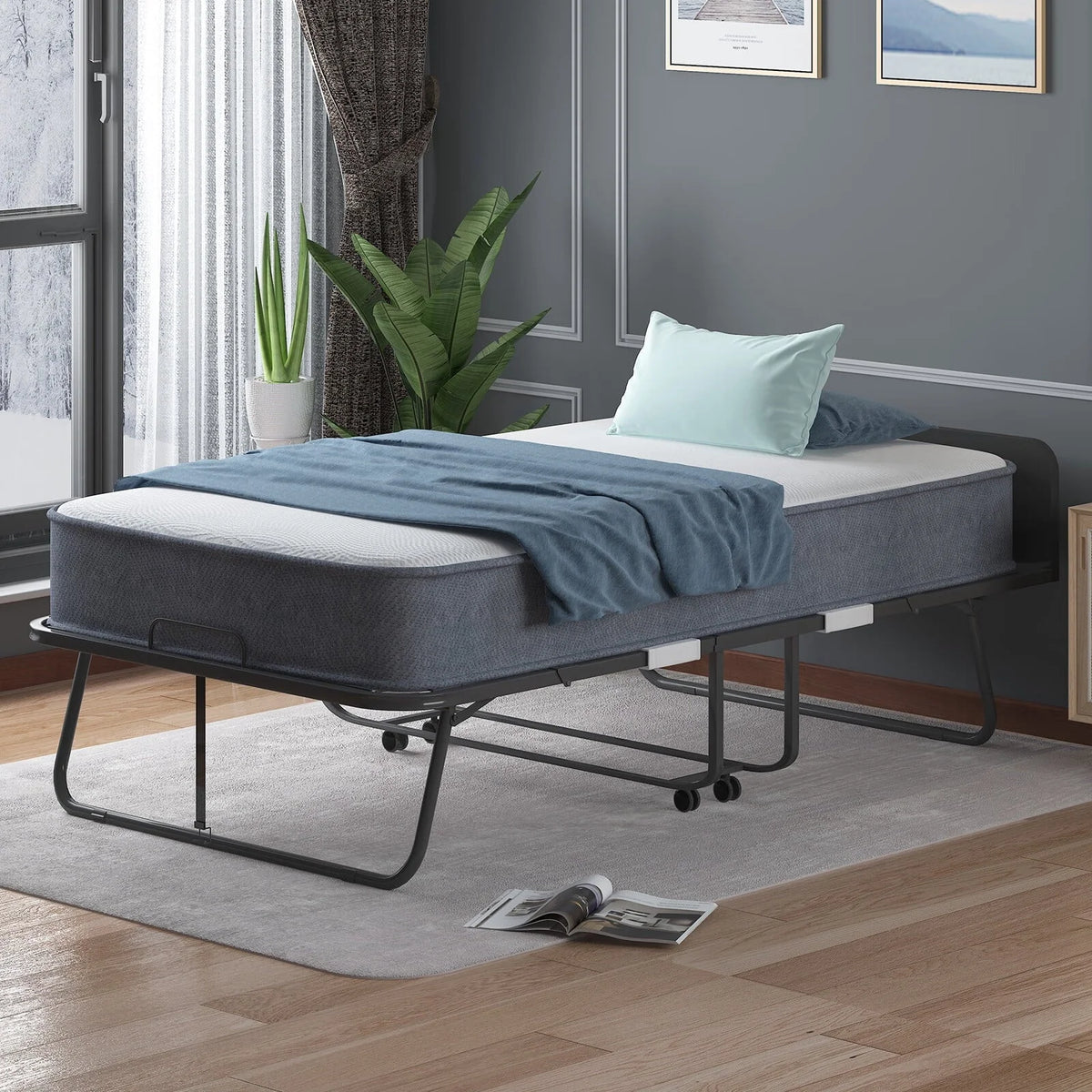 CECER Folding Bed with 5-inch Thick Mattress and Headboard|31" Width Twin Size Portable Bed|Space Saving Foldable Bed with High Resilient Foam Mattress|Foldable Metal Bed Frame with 4 Lockable Wheels