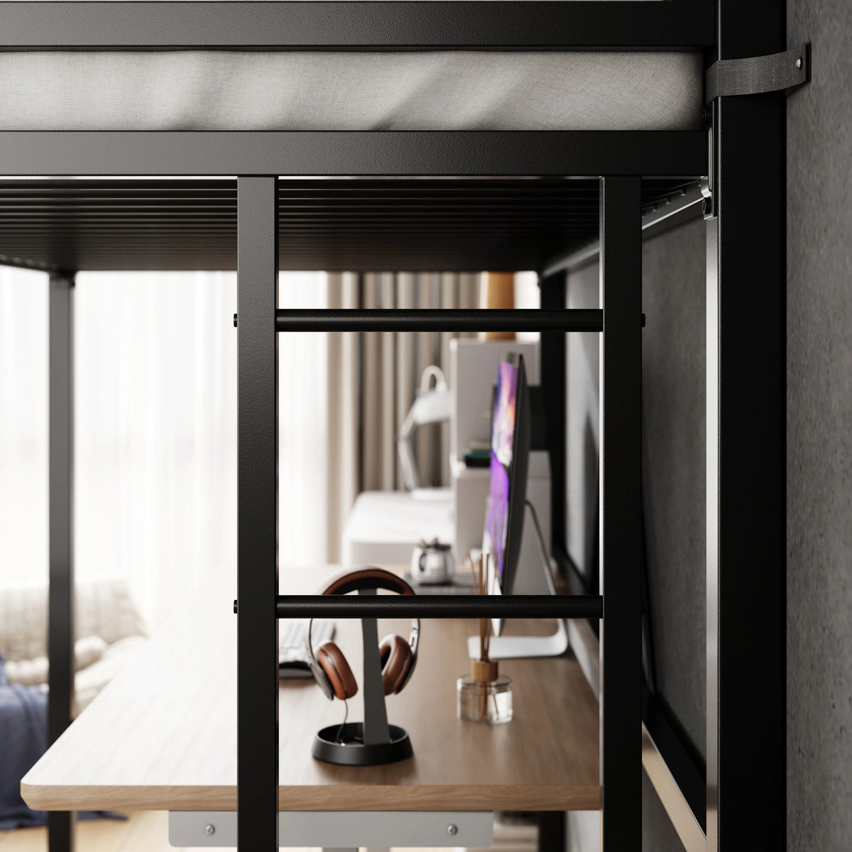 Amolife Twin Size Heavy Duty Metal Loft Bed with Removable Ladder & Full-Length Guardrail, Black