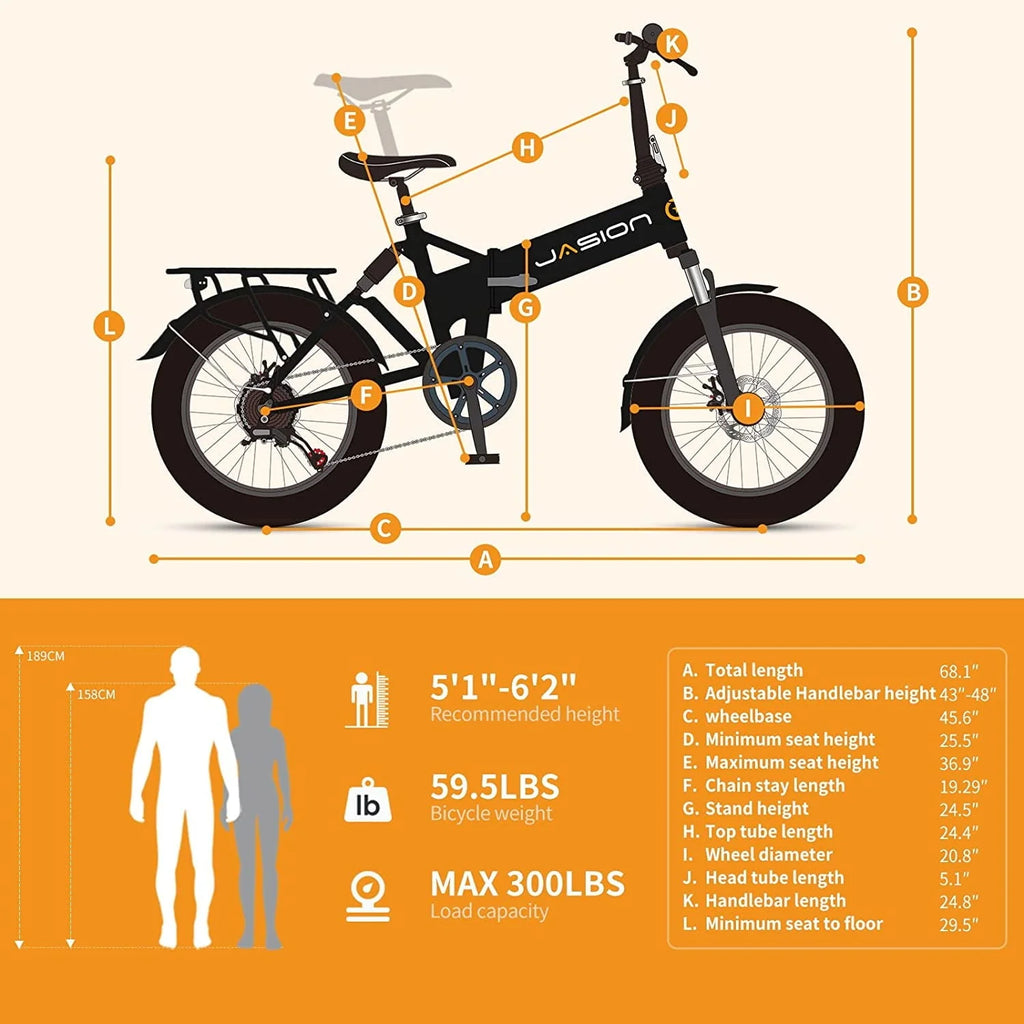 Jasion EB7 2.0 Electric Bike for Adults, 500W Motor Electric Bicycles with 48V 10AH Removable Battery, 20" Fat Tire Foldable Electric Bike with Dual Shock Absorber, 7-Speed