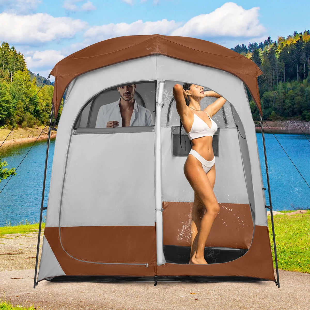 Costway 2 Room Shower Tent Oversize Privacy Shelter Portable Dressing Toilet Outdoor Gray