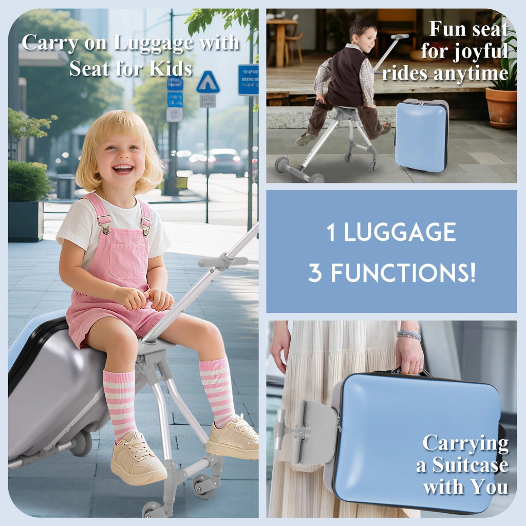 Fridtrip 20 Inch Hardside Carry on Luggage - 3-in-1 Kids Ride-on Suitcase with Spinner Wheels, Child Seat & Stroller Design, Lightweight Hard Shell Travel Luggage with Large Capacity for Family Trips