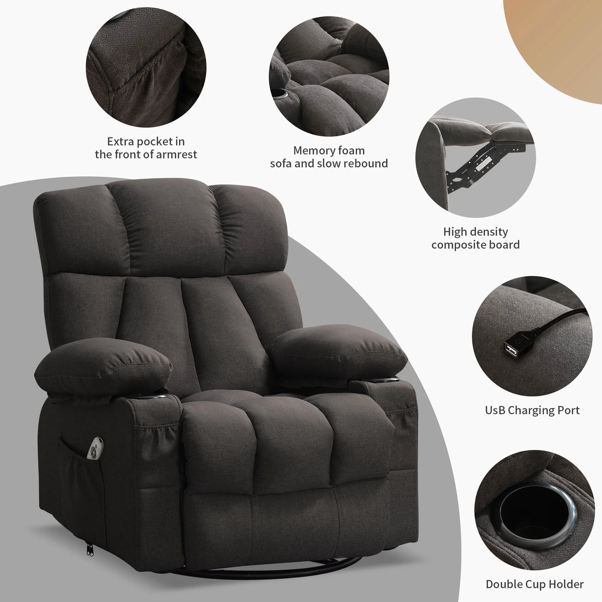 JONPONY Manual Recliner Chair with Heat Therapy and Massage Function, Heavy Duty Reclining Mechanism Massage Chair, Elderly Single Rocker Sofa with Cup Holders for Bedroom Home Theater,Grey