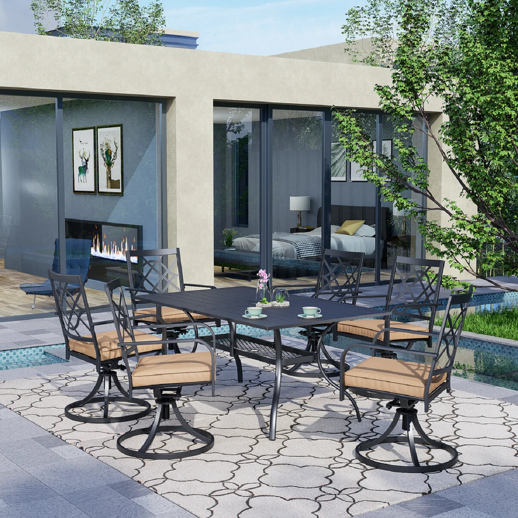 SUNCROWN 5-Piece Outdoor Wrought Iron Chairs and Table Patio Dining Furniture Set - 4 Stackable Metal Chairs, 1 Steel Slat Bistro Table and 1 Sky Blue 9Ft Patio Umbrella for Garden Backyard Deck
