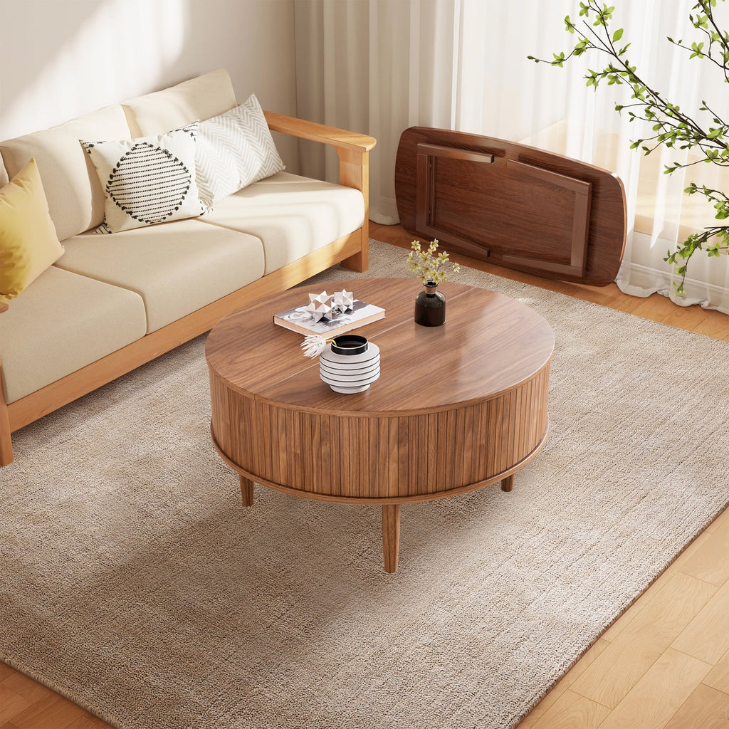 Oubayajia Round Coffee Table, Small Fluted Lift Top Center Table for Home Living Room Office, Walnut