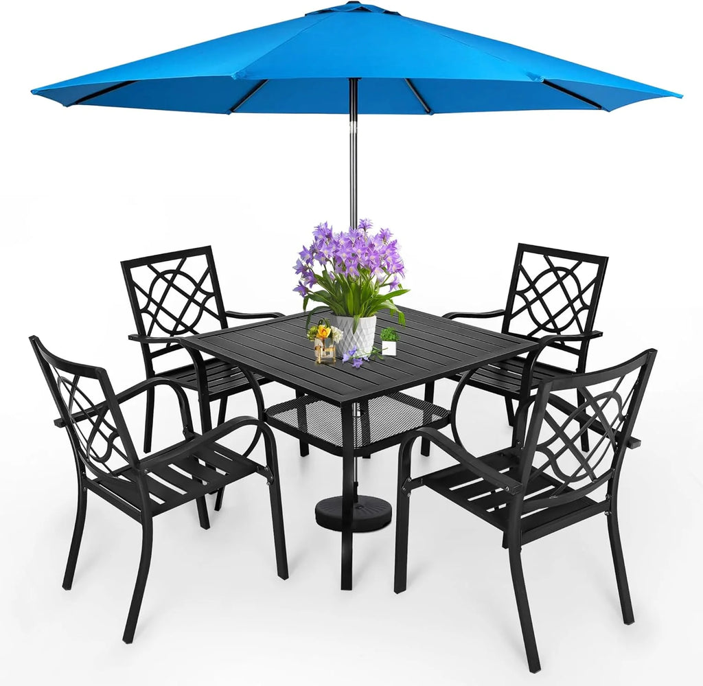 SUNCROWN 5-Piece Outdoor Wrought Iron Chairs and Table Patio Dining Furniture Set - 4 Stackable Metal Chairs, 1 Steel Slat Bistro Table and 1 Sky Blue 9Ft Patio Umbrella for Garden Backyard Deck
