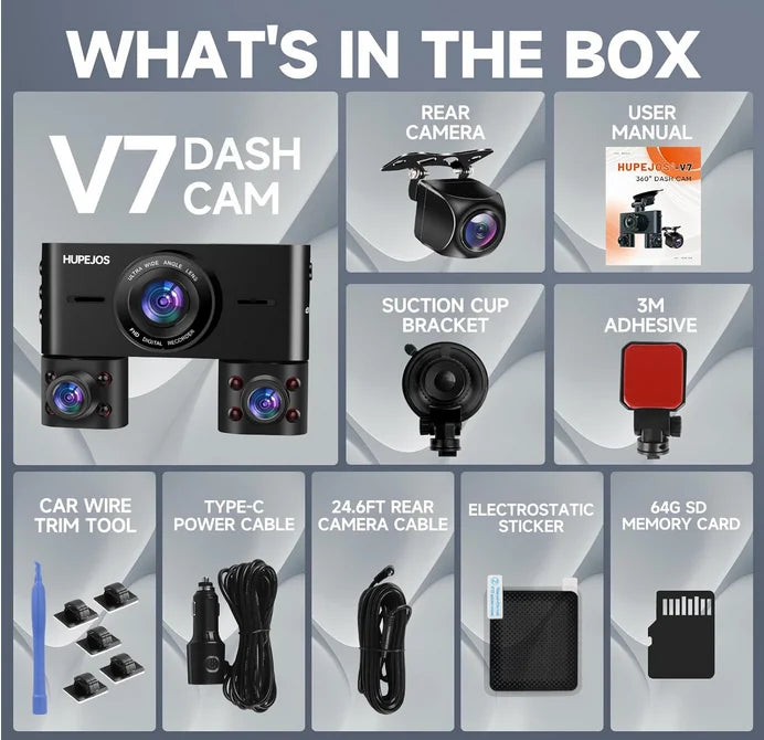 HUPEJOS Dash Cam 4 Channel, 360 Car Camera with 64GB Card, Voice Control, 2K/1080P Dashcam for Car Front and Rear Inside, IR Night Vision, WiFi & APP Supported, Parking Mode, 3.16" IPS Screen
