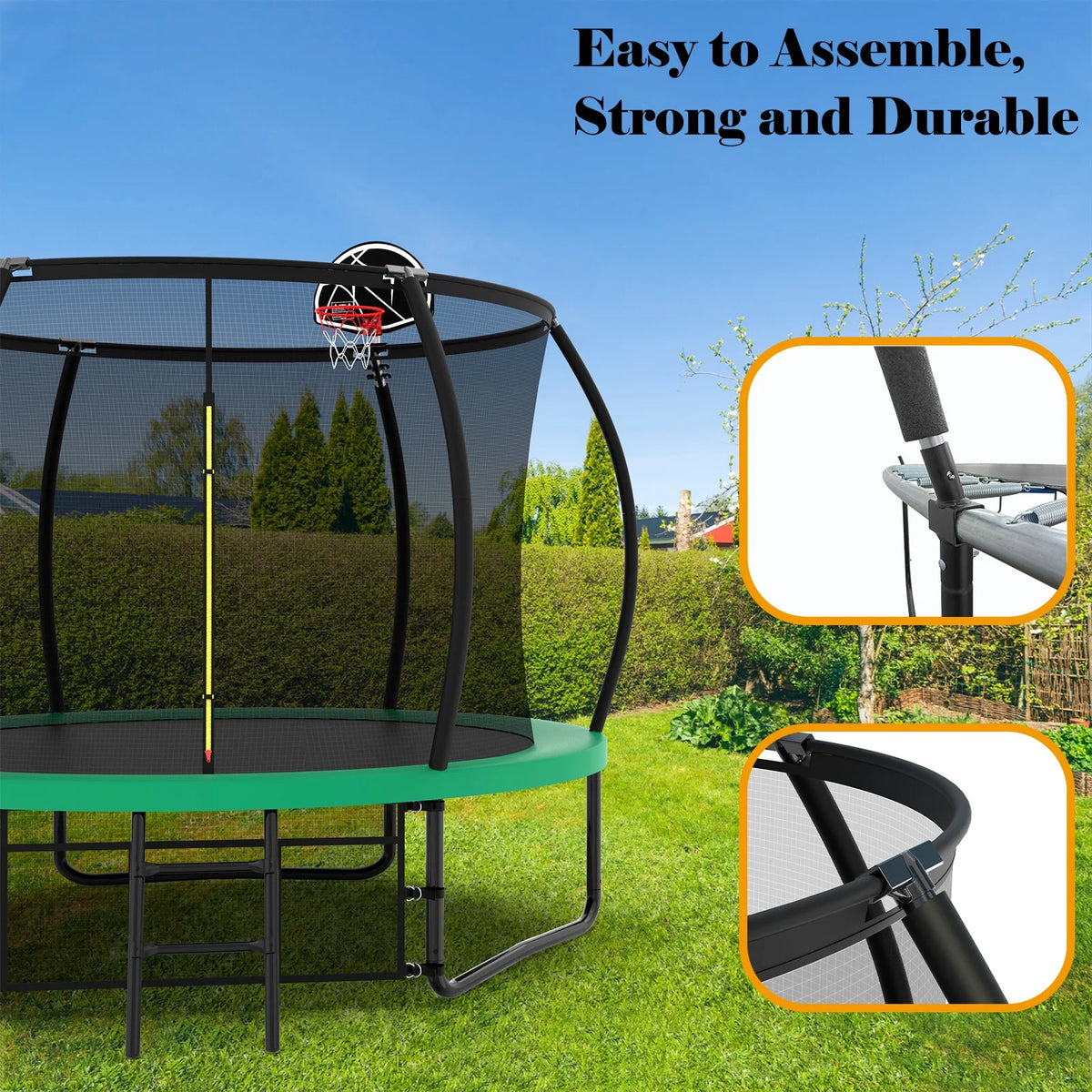 Netrum 10ft Kids Trampoline with Basketball Hoop, Outdoor Trampolines with Enclosure Net,Ladder, 880Lbs Trampoline for 4 Kids Green