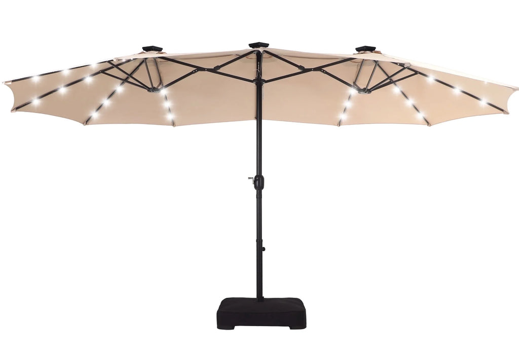 Summit Living 15 FT Double-Sided Solar Patio Umbrella with Base Large Outdoor Umbrella with LED Solar Lights - Haze Blue