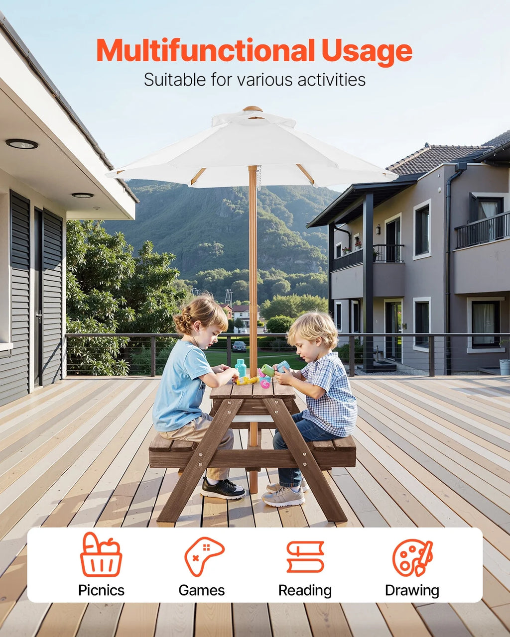 VEVOR Kids Picnic Table with Umbrella, 3-in-1 Sand & Water Table, Outdoor Wooden Table and Bench Set with 2 Trays, 4-People Patio Dining Furniture for Garden, Backyard and Porch (Walnut)