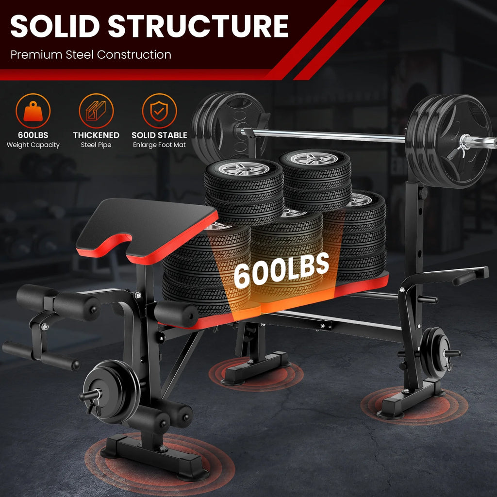 VIBESPARK Adjustable Weight Bench 600lbs 5-in-1 Foldable Workout Bench Set with Barbell Rack Leg Developer Preacher Curl Rack Dumbbell Fly Attachment, Multi-Function Strength Training Bench Press