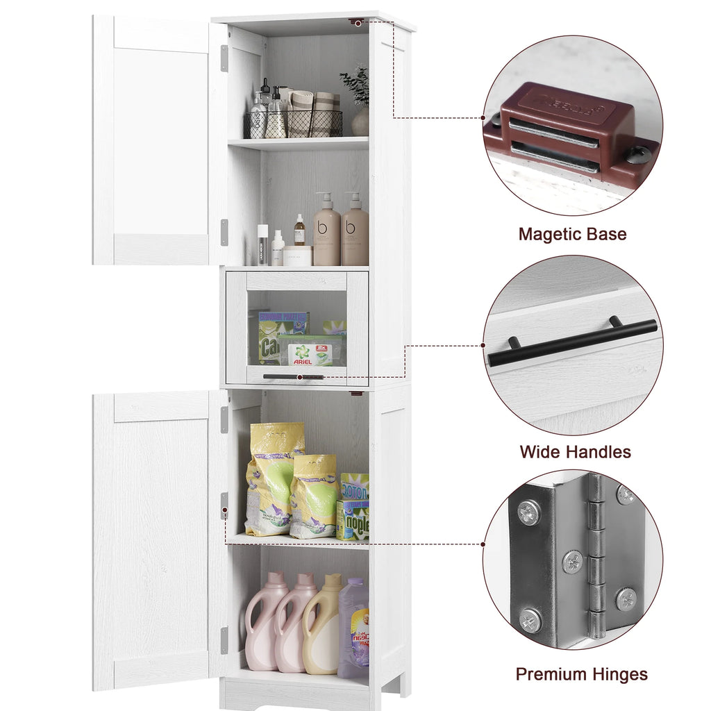 Bathroom Cabinet, Tall Storage Cabinet with Doors and Adjustable Shelf, Freestanding Floor Pantry Cabinet for Kitchen, Living Room, Laundry Room, Home Office