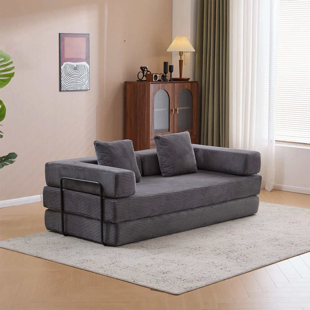 Taicans Convertible Floor Sofa Bed - 3 Seats Foldable Corduroy Futon Couch w/Pillow Support,Space-Saving Guest Bed for Living Room,Dorm,No Assembly Compressible Foam Mattress (Gray,76.7Inch L)