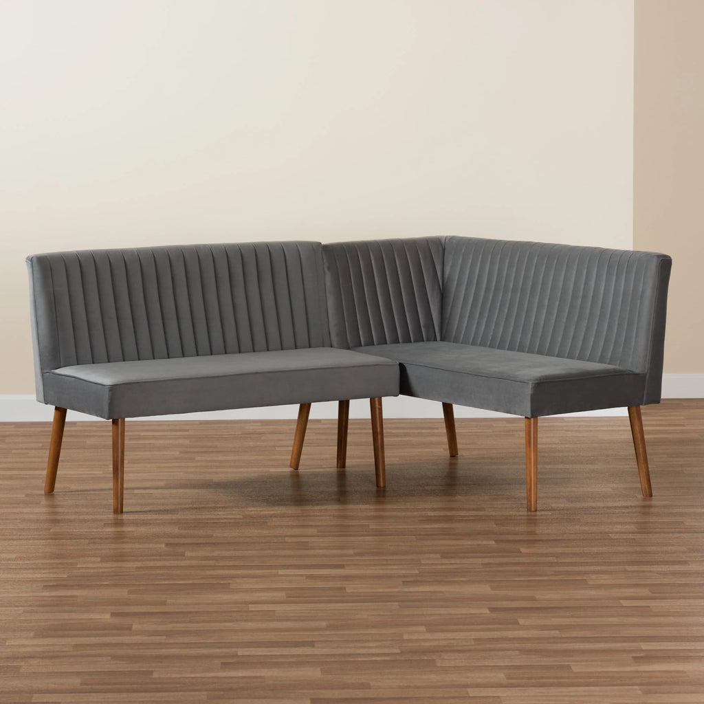 Baxton Studio Alvis Mid-Century Modern Grey Velvet Upholstered Back 2-Piece Dining Corner Bench