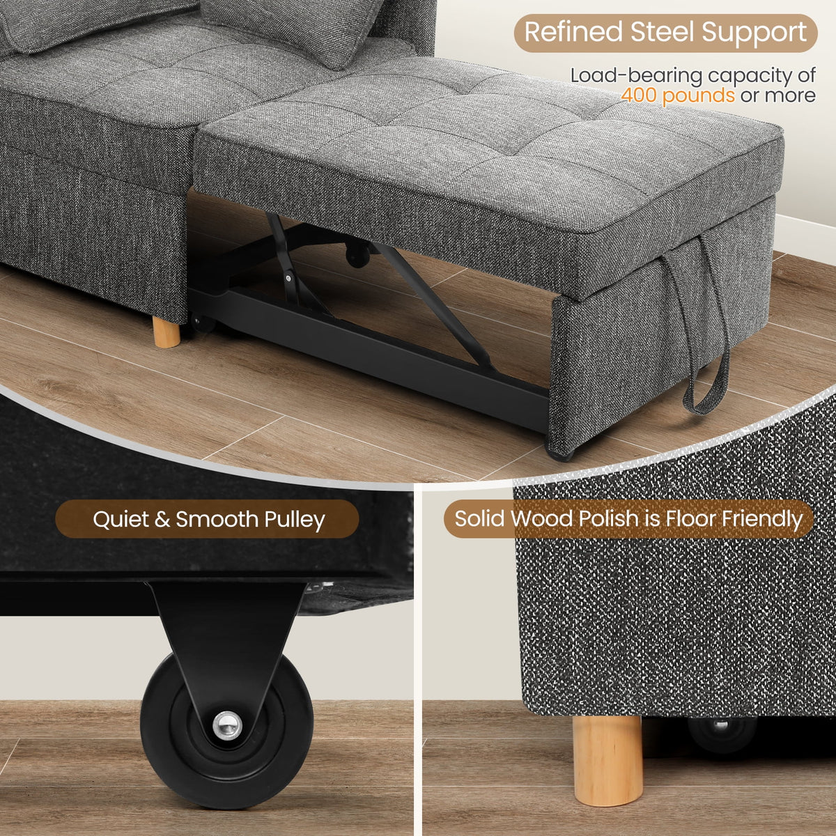 SEJOV 4-in-1 Convertible Sleeper Chair Bed, Linen Sofa Bed for Small Space, Futon Sofa with 2 Throw Pillows for Living Room, Single Recliner with 5 Adjustable Backrest for Bedroom Apartment, Brown
