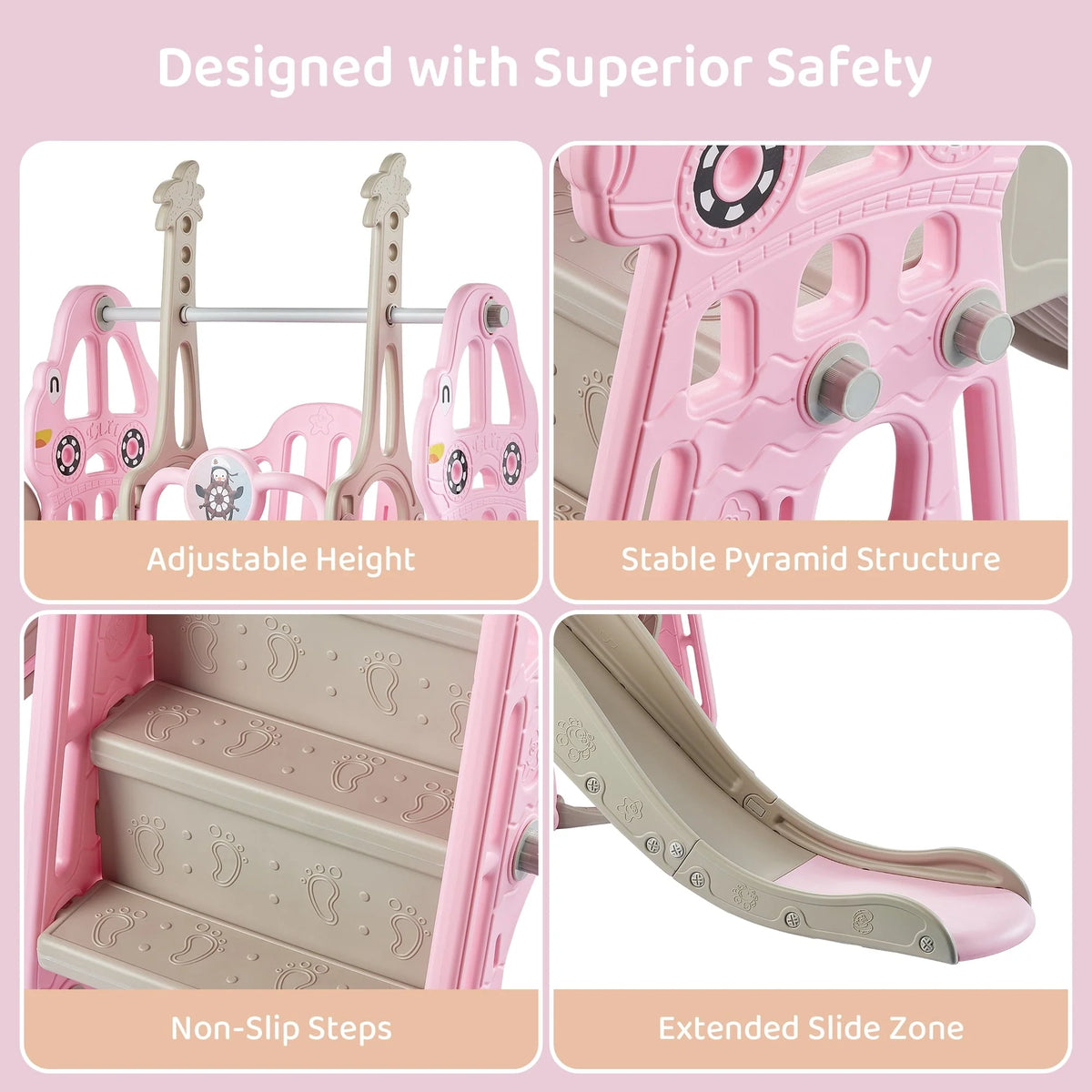 DUKE BABY 4-in-1 Kids Swing and Slide Set for Toddler Age 1-6, Extra Large Baby Indoor Outdoor Activity Playground with Basketball Hoop and Climber Pink