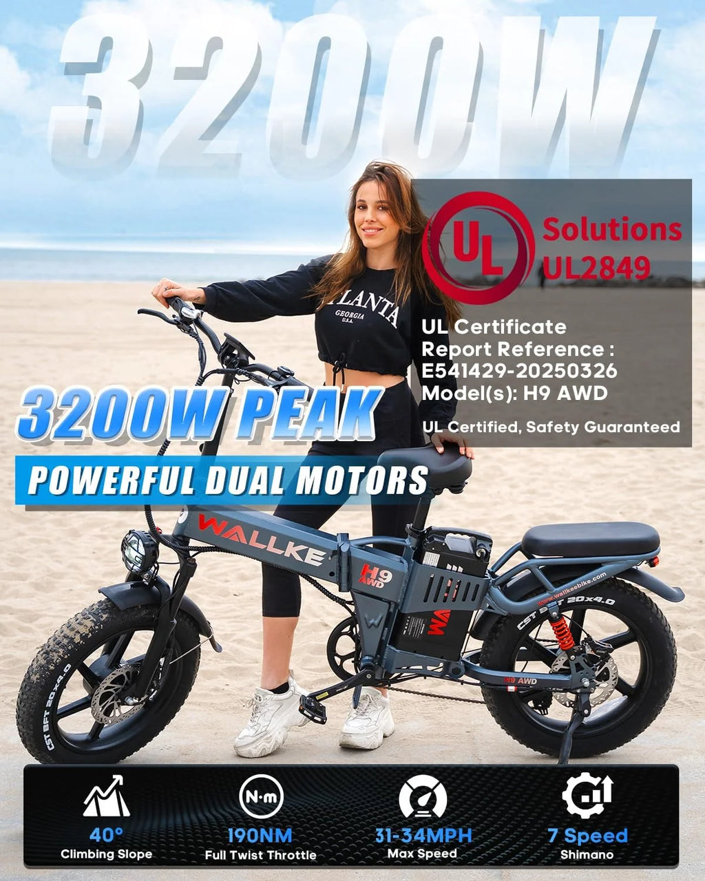 Wallke H9 AWD 3200W Dual Motor Electric Bike for Adult, 82Ah 48V Dual Battery Long Range e-Bicycle, 31-34MPH Fast Ebike, 20" Fat Tire Offroad Full Suspension Folding, 3mm Aluminum Alloy Frame,UL2849