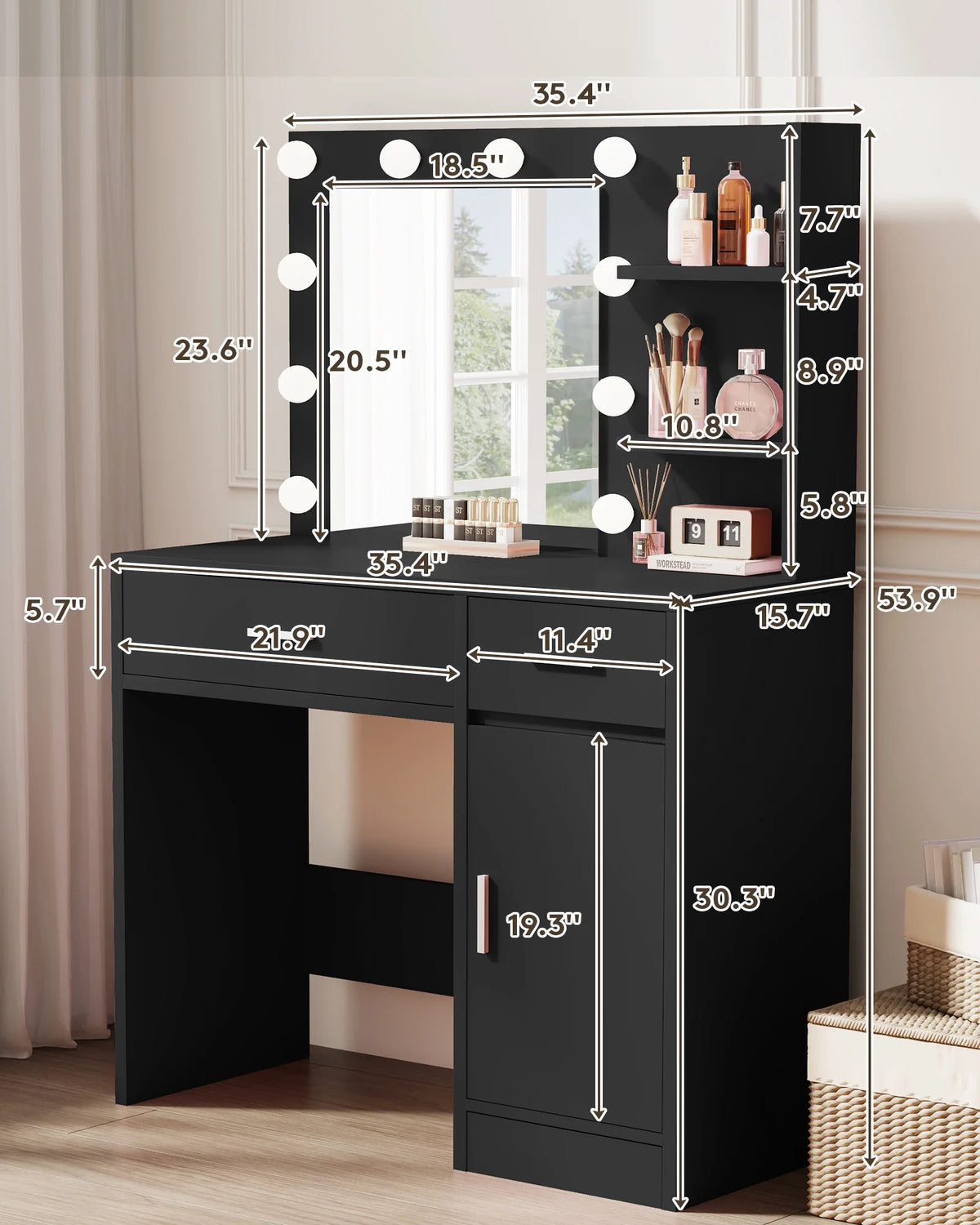 LIVELYGLOW Vanity Desk with Mirror and Lights, Makeup Vanity with Drawer & Storage Shelves, Cabinet, 3 Lighting Modes Adjustable Brightness,White