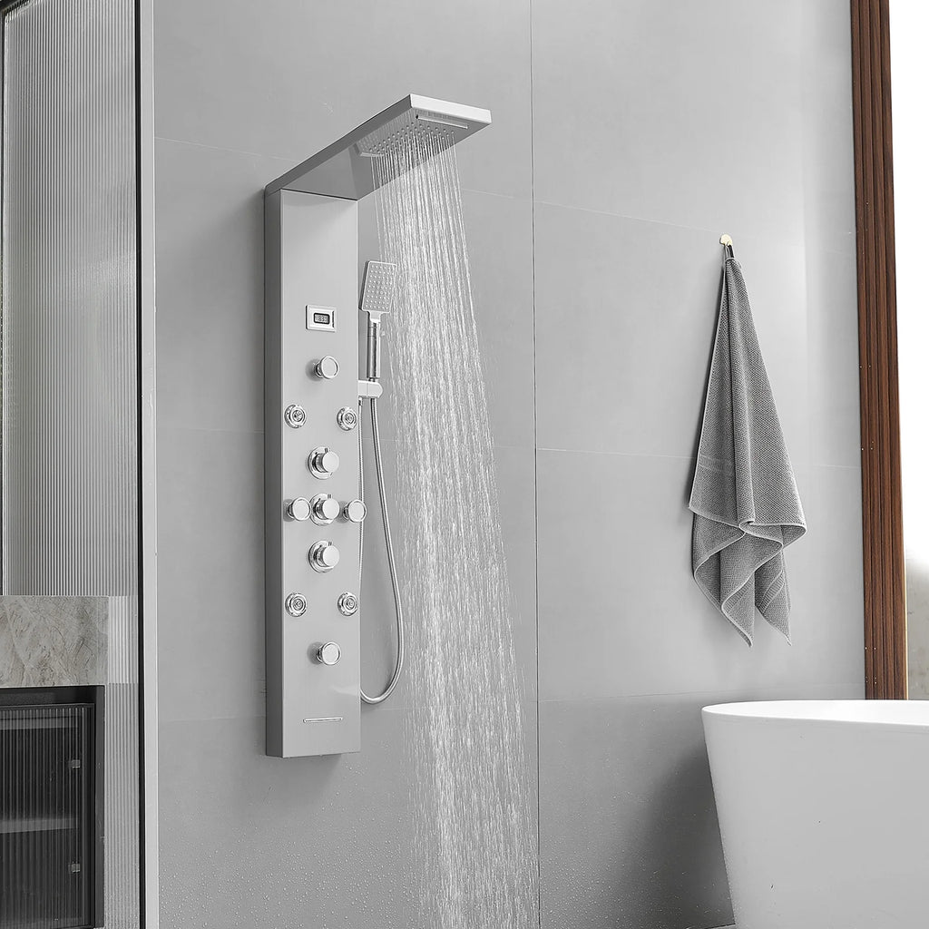 8-Jet Rainfall Shower Panel System with Rainfall Waterfall Shower Head and Shower Wand in chrome Nickel