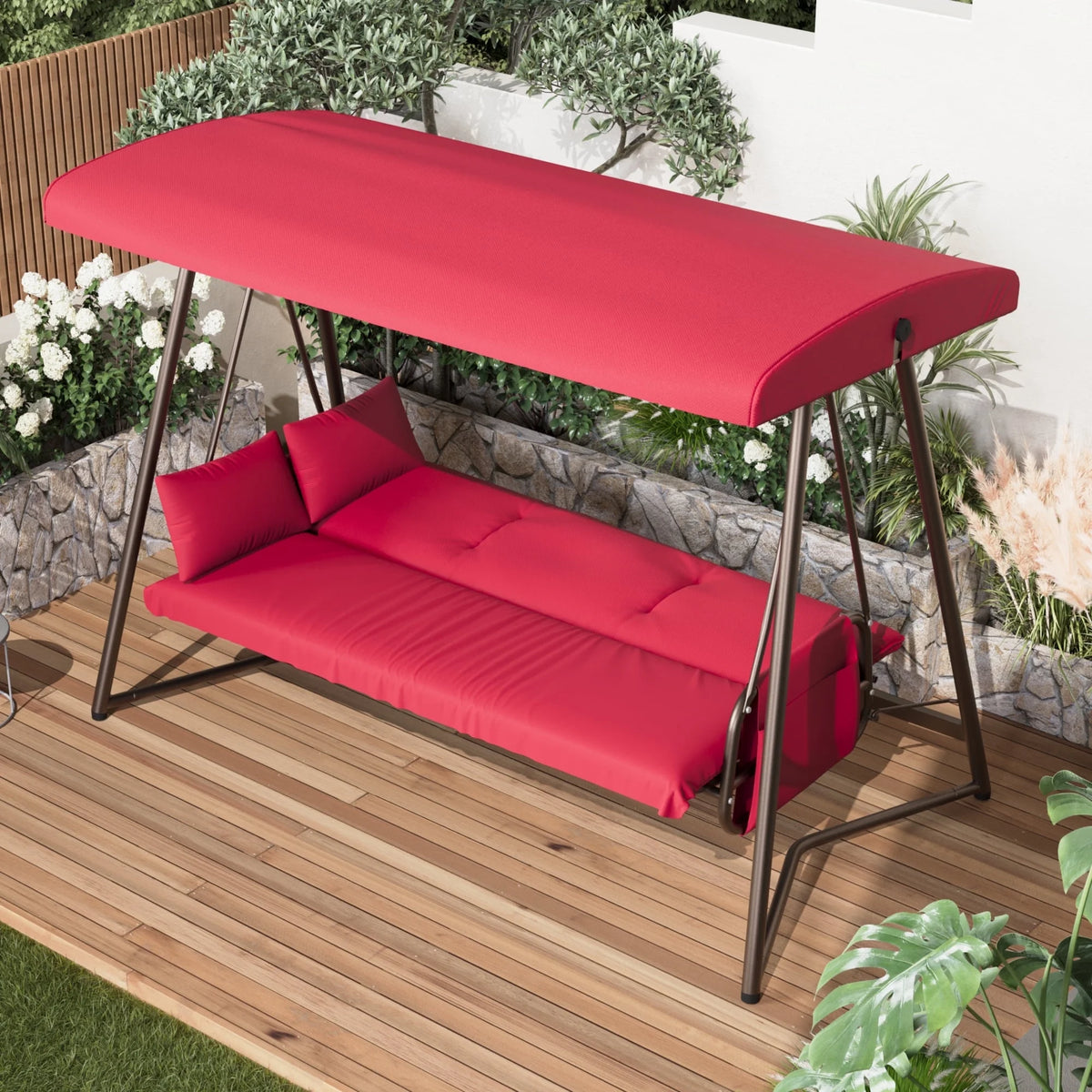 CHINNLUU Oversized 4 Person Porch Swing with Stand 800 LBS Capacity Adjustable Canopy Backrest Includes Cushions Pillows Patio 2 in 1 Swing Bed for Backyard Garden Poolside, Champagne