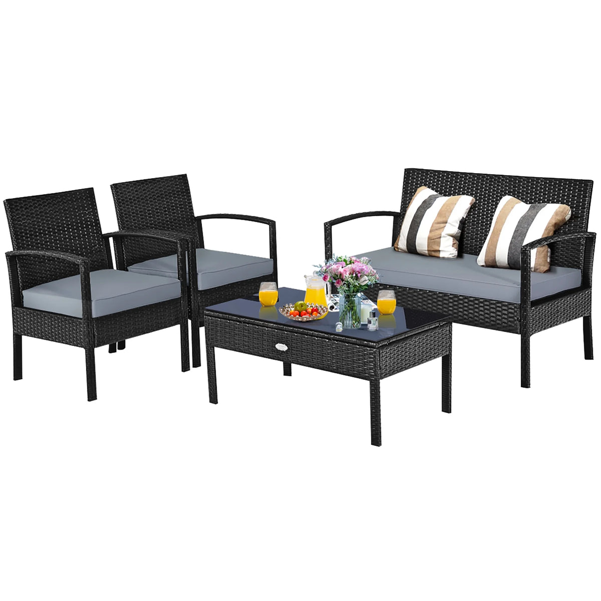 Costway 4PCS Patio Rattan Wicker Furniture Set Loveseat Sofa Cushioned Garden Yard Brown