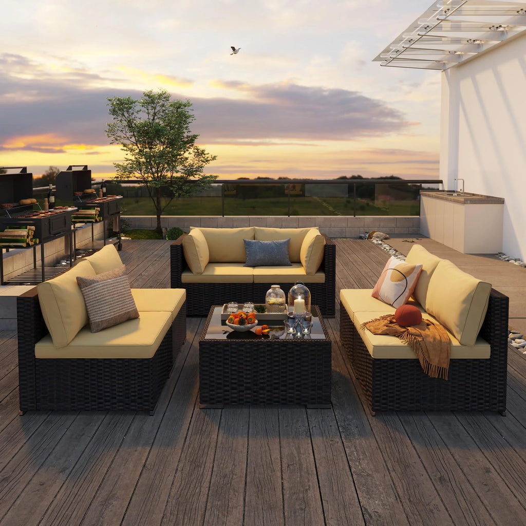 Patio Furniture Set, Lofka 7 Piece Outdoor Sectional Furniture Chair Set with Cushions and Coffee Table, Gray