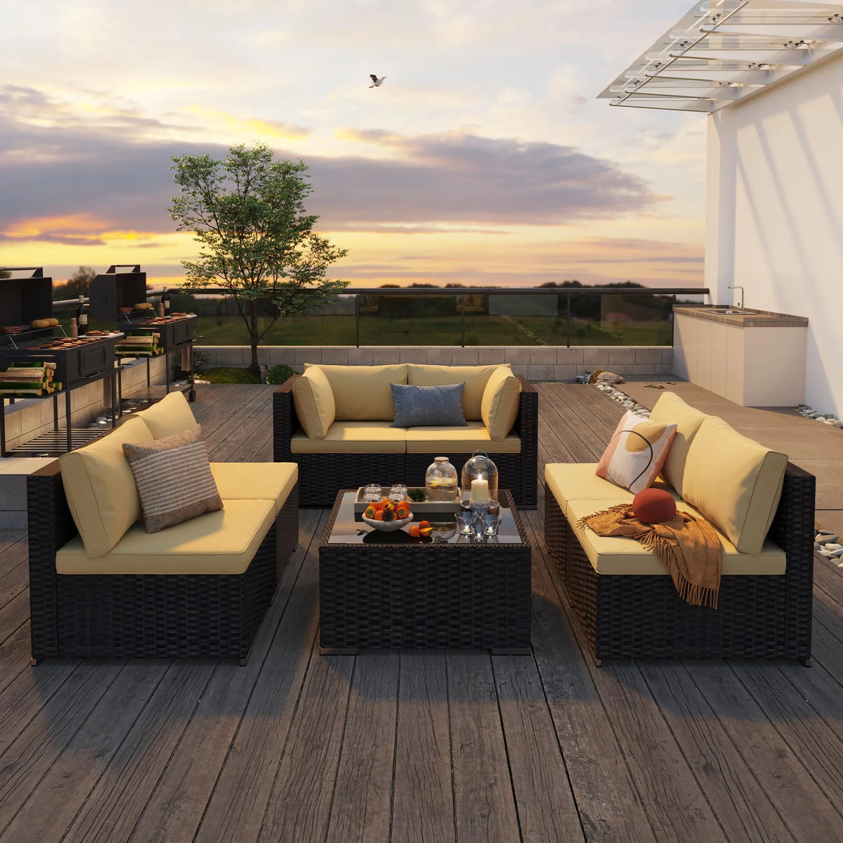 Patio Furniture Set, Lofka 7 Piece Outdoor Sectional Furniture Chair Set with Cushions and Coffee Table, Gray