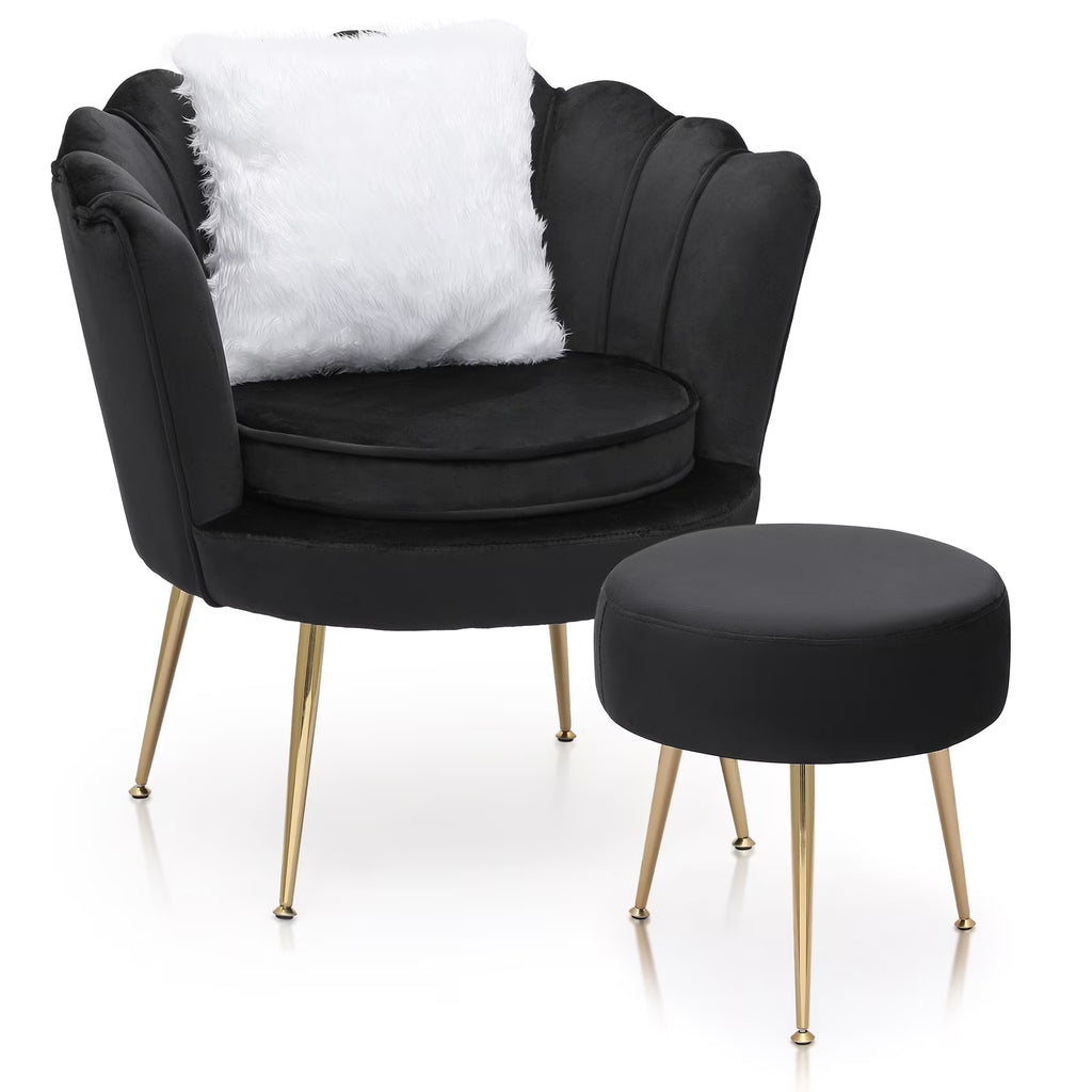 MoNiBloom Set of 2 Velvet Tufted Accent Chair with Pillow and Stool, Upholstered Modern Single Sofa Side Chair with Padded Seat and Golden Metal Legs, Living Room Armchair, Black