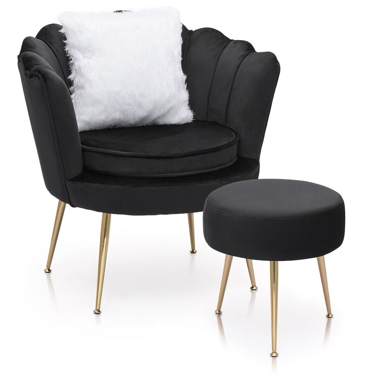 MoNiBloom Set of 2 Velvet Tufted Accent Chair with Pillow and Stool, Upholstered Modern Single Sofa Side Chair with Padded Seat and Golden Metal Legs, Living Room Armchair, Black